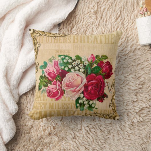 ロマンチックなセピアデザイン赤いバラのヴィンテージオン クッション (ブランケット)