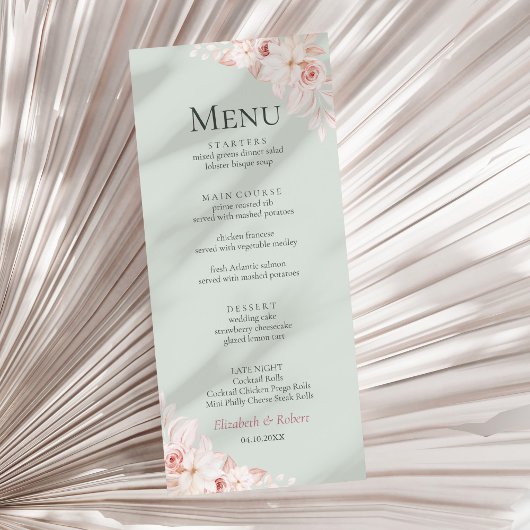 ロマンチックなセージ緑とピンクのバラ結婚ズのメニュー メニュー