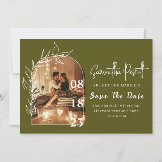 ロマンチックなセージ緑のアーチ日付カードを保存 招待状 (正面)