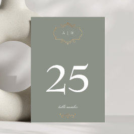 ロマンチックなセージ緑のクラシック金ゴールド結婚モノグラム テーブルナンバー