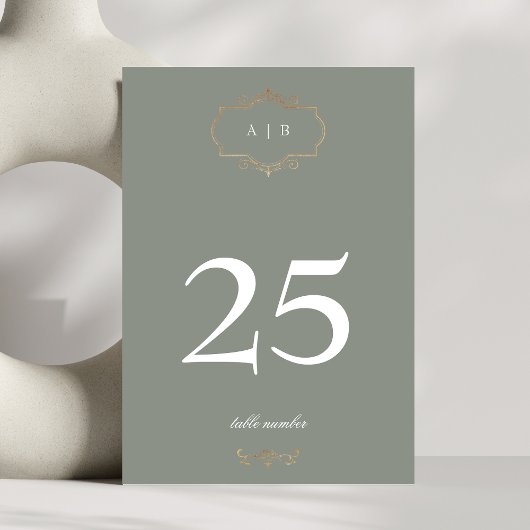 ロマンチックなセージ緑のクラシック金ゴールド結婚モノグラム テーブルナンバー