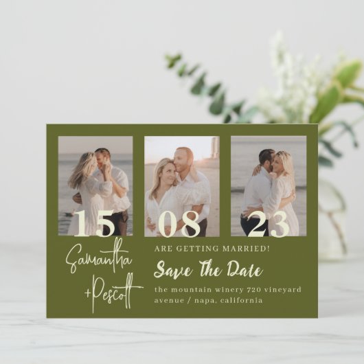 ロマンチックなセージ緑のコラージュ日付を保存 招待状 (スタンド正面)