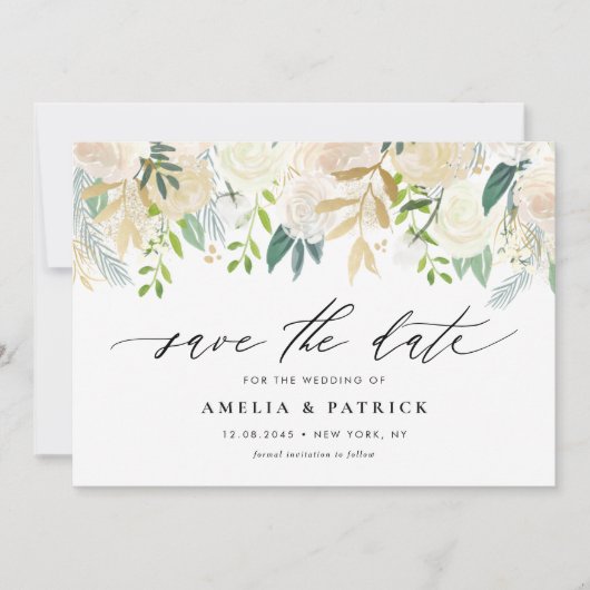 ロマンチックなソフトアイボリーの花結婚の配置 セーブザデート (正面)