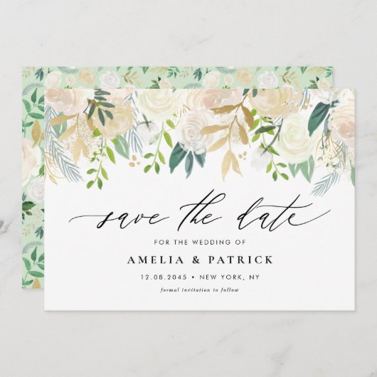ロマンチックなソフトアイボリーの花結婚の配置 セーブザデート (正面/裏面)