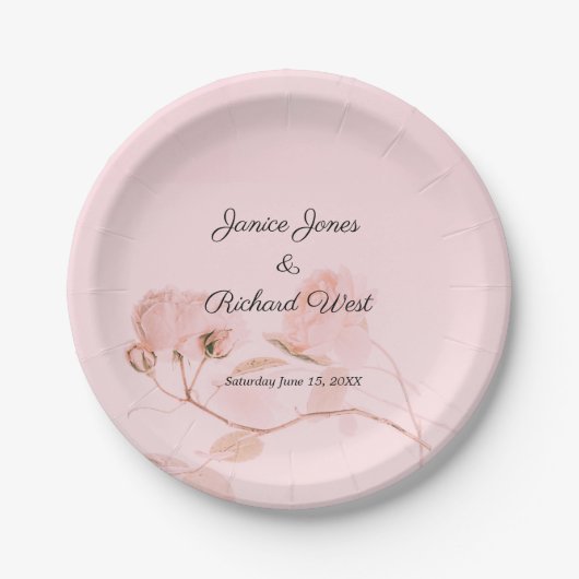 ロマンチックなソフトピンクのバラ結婚の芽 ペーパープレート (正面)