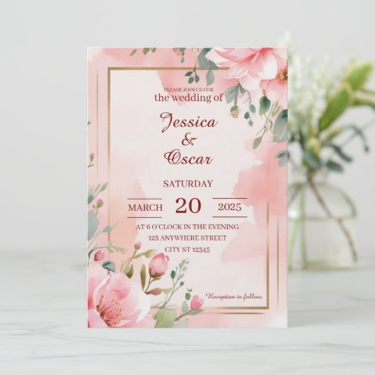 ロマンチックなソフトピンクの水色の花模様結婚ズ 招待状 (スタンド正面)