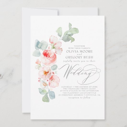 ロマンチックなソフトピンクの花サマー庭園の結婚式 招待状 (正面)