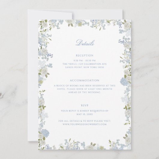ロマンチックなソフトブルーのフローラフレーム結婚すべて 招待状 (裏面)