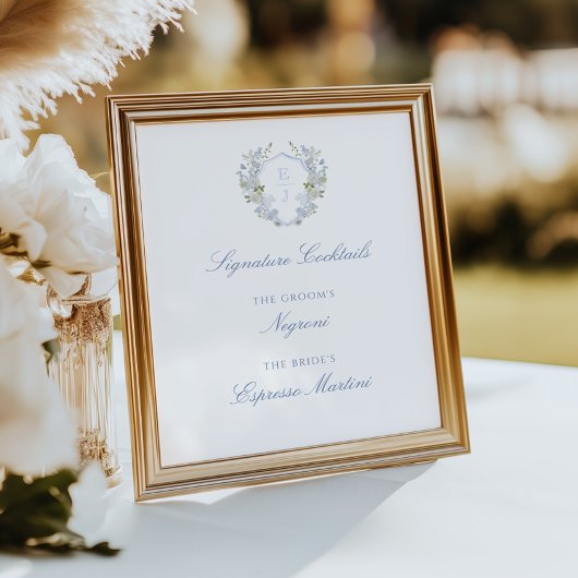 ロマンチックなソフトブルーモノグラムクレストシグネチャードリンク ポスター