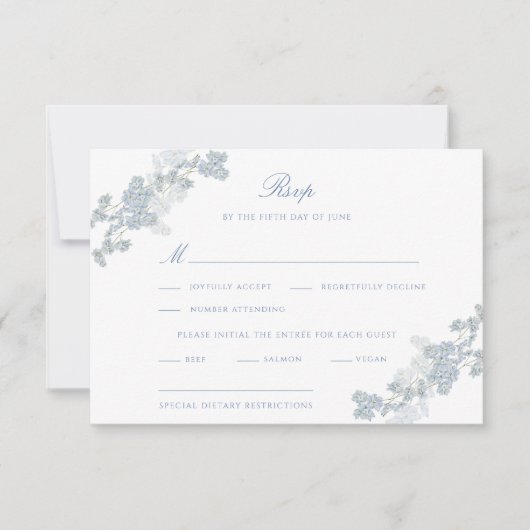 ロマンチックなソフトブルーヴィンテージ結婚フローラ 出欠カード (正面)