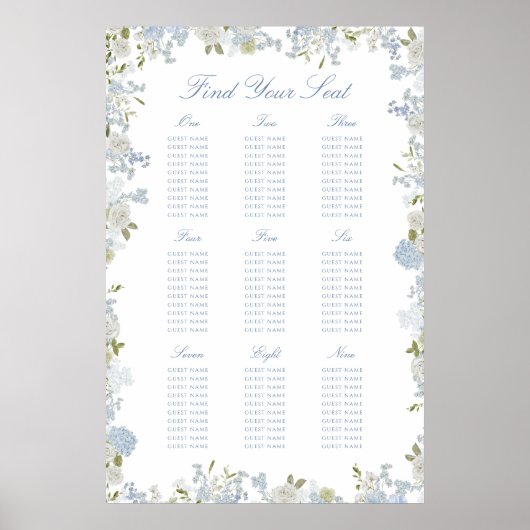 ロマンチックなソフトブルー結婚フローラの座席表 ポスター (正面)