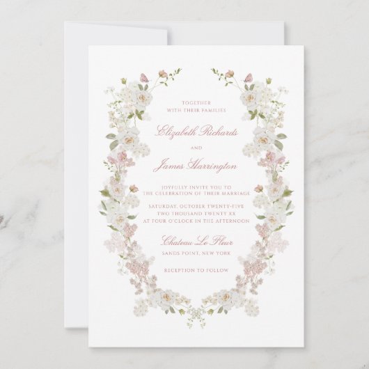 ロマンチックなソフト赤面ホワイト結婚フローラ 招待状 (正面)