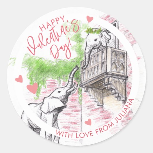 ロマンチックなゾウのロミオとジュリエットのバレンタインデー ラウンドシール (正面)