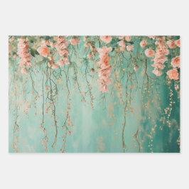 ロマンチックなターコイズとバラ色の花のウェディング ラッピングペーパーシート