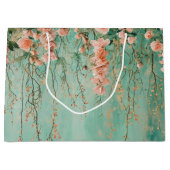 ロマンチックなターコイズとバラ色の花のウェディング ラージペーパーバッグ (正面)