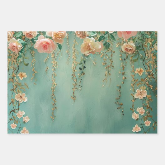 ロマンチックなターコイズとブッシュの花のウェディング ラッピングペーパーシート (正面2)