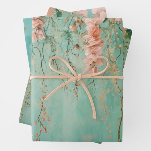 ロマンチックなターコイズとブッシュの花のウェディング ラッピングペーパーシート (インサイチュ)