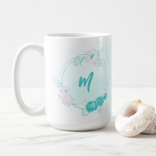 ロマンチックなターコイズの花 コーヒーマグカップ (ドーナツ)