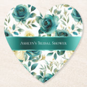 ロマンチックなターコイズグリーンとクリーム色のバラの花飾り ペーパーコースター (正面)