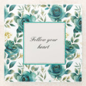 ロマンチックなターコイズグリーンとクリーム色のローズフラワーブライダルシャワー ガラスコースター (正面)