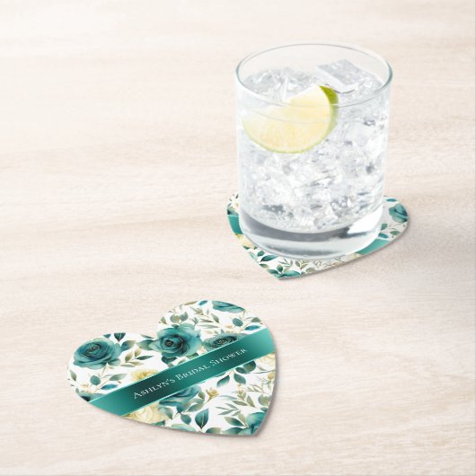 ロマンチックなターコイズグリーンとクリーム色のローズフラワーリング ペーパーコースター (インサイチュ)