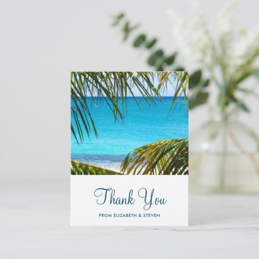 ロマンチックなターコイズ トロピカル ビーチ ウェディング サンクス ポストカード (スタンド正面)