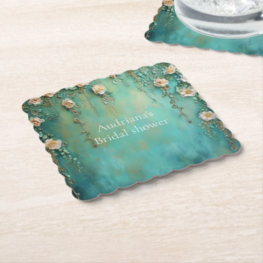 ロマンチックなターコイズ ブラッシュ ピンクの花 ブライダルシャワー ペーパーコースター (アングル)