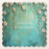 ロマンチックなターコイズ ブラッシュ ピンクの花 ブライダルシャワー ペーパーコースター (正面)