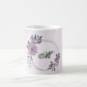 ロマンチックなダスティパープルの花とグリーン コーヒーマグカップ