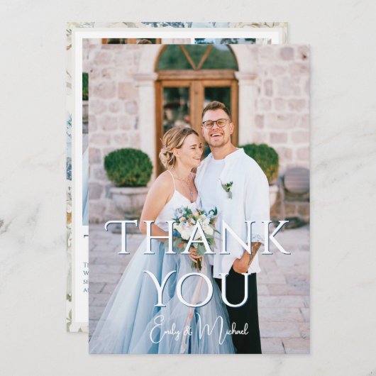 ロマンチックなダスティブルーフローラ結婚写真 サンキューカード (正面/裏面)