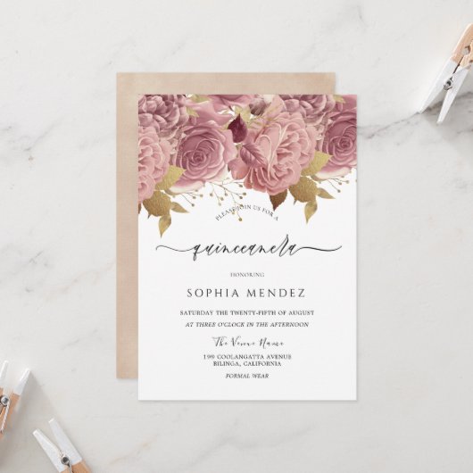 ロマンチックなダスティ ローズ ブラッシュ キンセアニエラ パーティー 招待状 (正面/裏面インサイチュ)