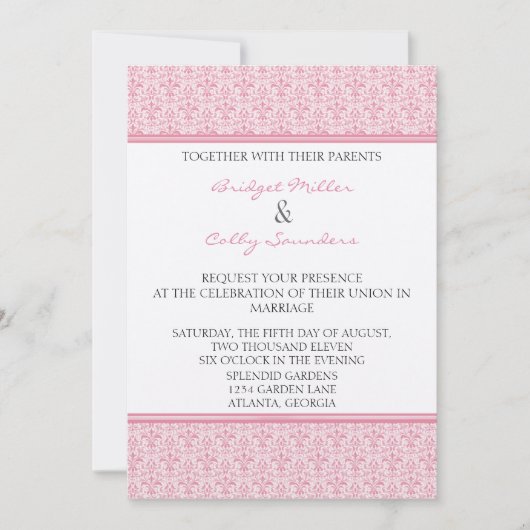 ロマンチックなダマスクウェディング招待状、ペタルピンク 招待状 (正面)