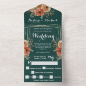 ロマンチックなダークグリーン金ゴールド結婚フローラ オールインワン招待状 (内側)