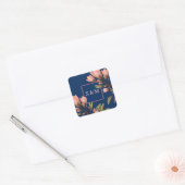 ロマンチックなダークブルーとピンクの花の四角いステッカー スクエアシール (封筒)