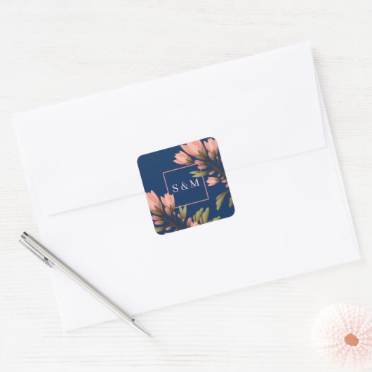 ロマンチックなダークブルーとピンクの花の四角いステッカー スクエアシール (封筒)