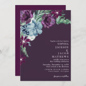 ロマンチックなダークムーディパープル結婚フローラ 招待状 (正面/裏面)