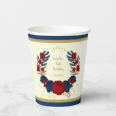 ロマンチックなダークレッドとネイビーブルーの花に金の葉 紙コップ (裏面)