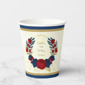 ロマンチックなダークレッドとネイビーブルーの花に金の葉 紙コップ (正面)