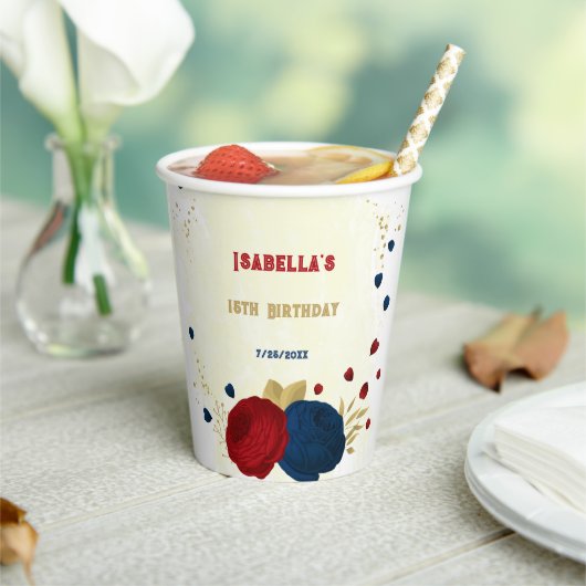 ロマンチックなダークレッドとネイビーブルーの花に金の葉 紙コップ (インサイチュ)