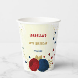 ロマンチックなダークレッドとネイビーブルーの花に金の葉 紙コップ