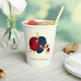 ロマンチックなダークレッド＆ネイビーブルーの花にゴールド 紙コップ