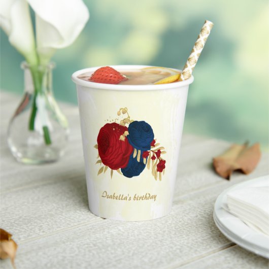 ロマンチックなダークレッド＆ネイビーブルーの花に金の葉 紙コップ (インサイチュ)