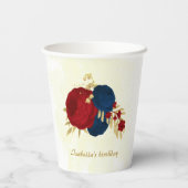 ロマンチックなダークレッド＆ネイビーブルーの花に金の葉 紙コップ (裏面)