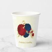 ロマンチックなダークレッド＆ネイビーブルーの花に金の葉 紙コップ (正面)