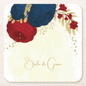 ロマンチックなダークレッド&ネイビーブルーの花結婚金ゴールド スクエアペーパーコースター (正面)