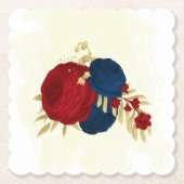 ロマンチックなダークレッド&ネイビーブルーの花結婚金ゴールド ペーパーコースター (正面)