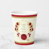 ロマンチックなダークレッド＆ホワイトの花のゴールドリース 紙コップ (正面)