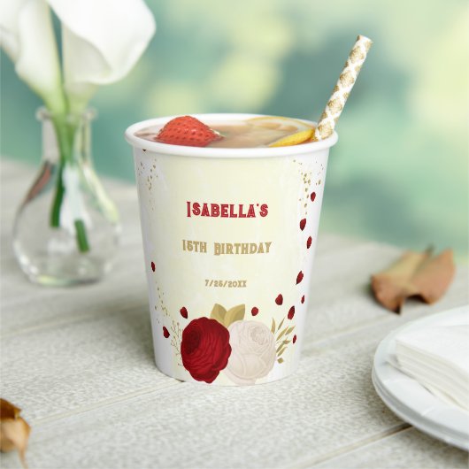 ロマンチックなダークレッド＆ホワイトの花 ゴールド 紙コップ (インサイチュ)