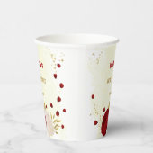 ロマンチックなダークレッド＆ホワイトの花 ゴールド 紙コップ (右)