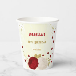 ロマンチックなダークレッド&ホワイトの花 ゴールド 紙コップ